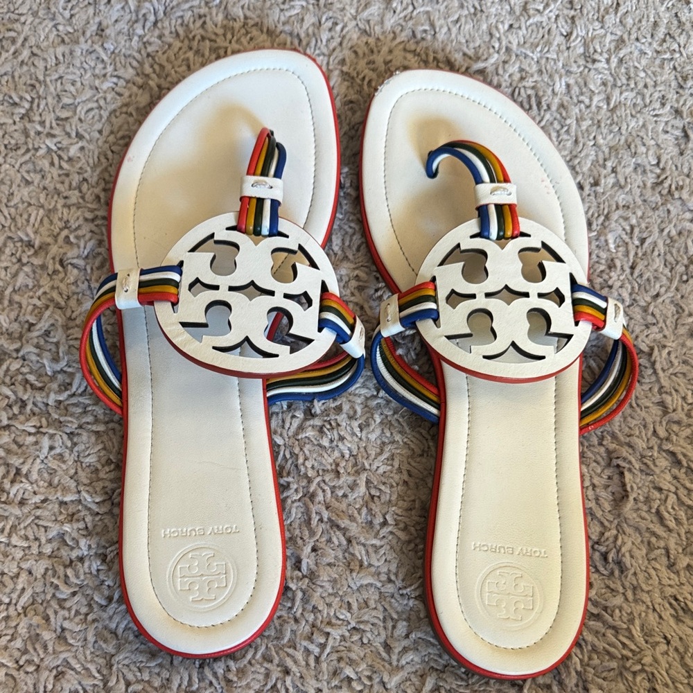Tory Burch White Sandals with Rainbow Straps